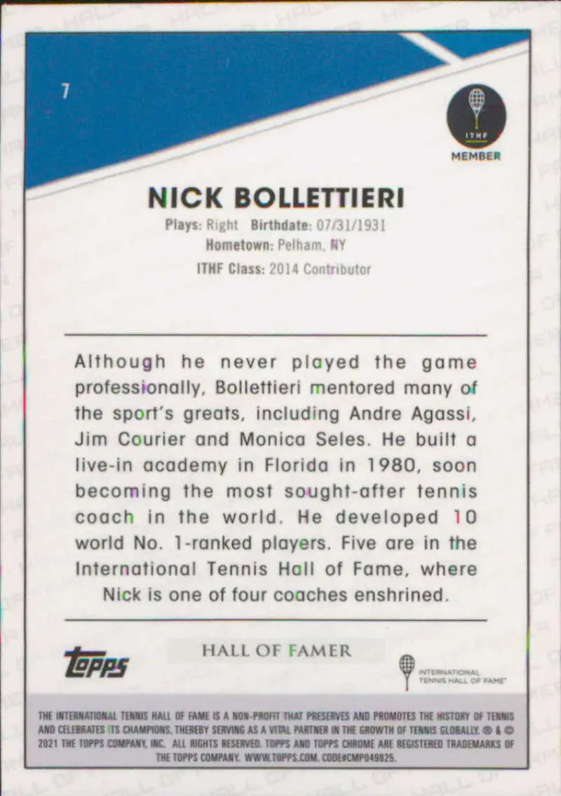 2021 Topps Chrome #7 Nick Bollettieri EX Excellent Tennis Card - Other