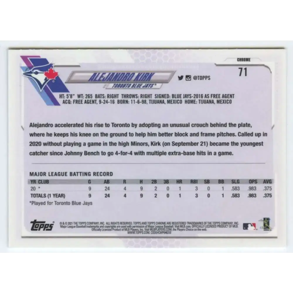2021 Topps Chrome #71 Alejandro Kirk NM-MT RC Rookie Toronto Blue Jays Baseball Card - Baseball Card Single