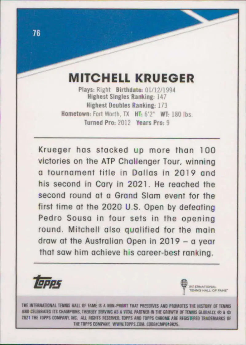 2021 Topps Chrome #76 Mitchell Krueger EX Excellent Tennis Card - Other