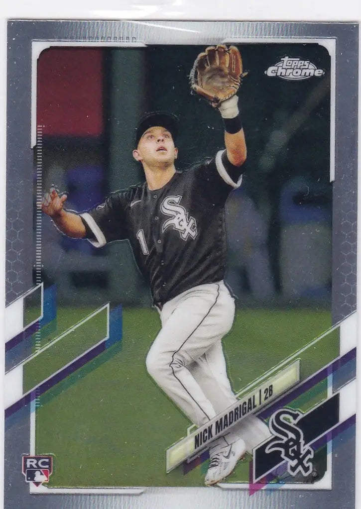Baseball player in black Chicago White Sox uniform catching ball Topps Chrome Madrigal RC