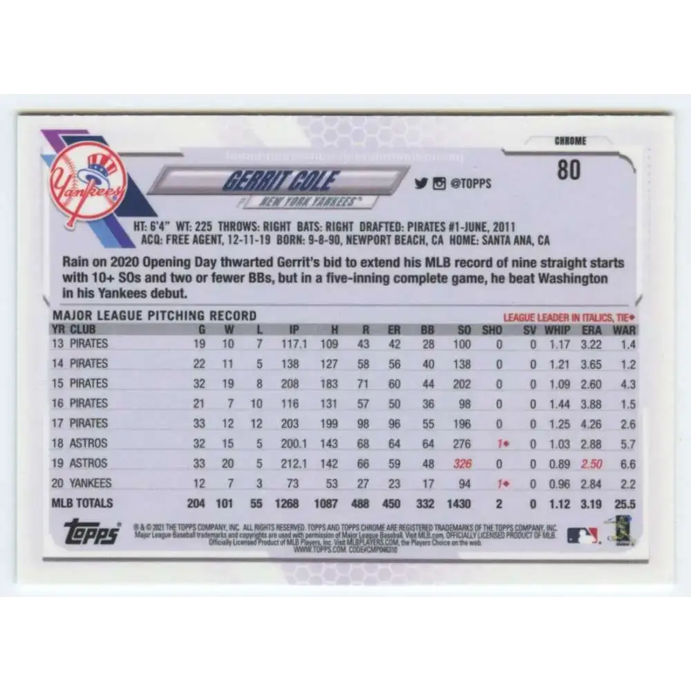 2021 Topps Chrome #80 Gerrit Cole NM-MT New York Yankees Baseball Card - Baseball Card Single
