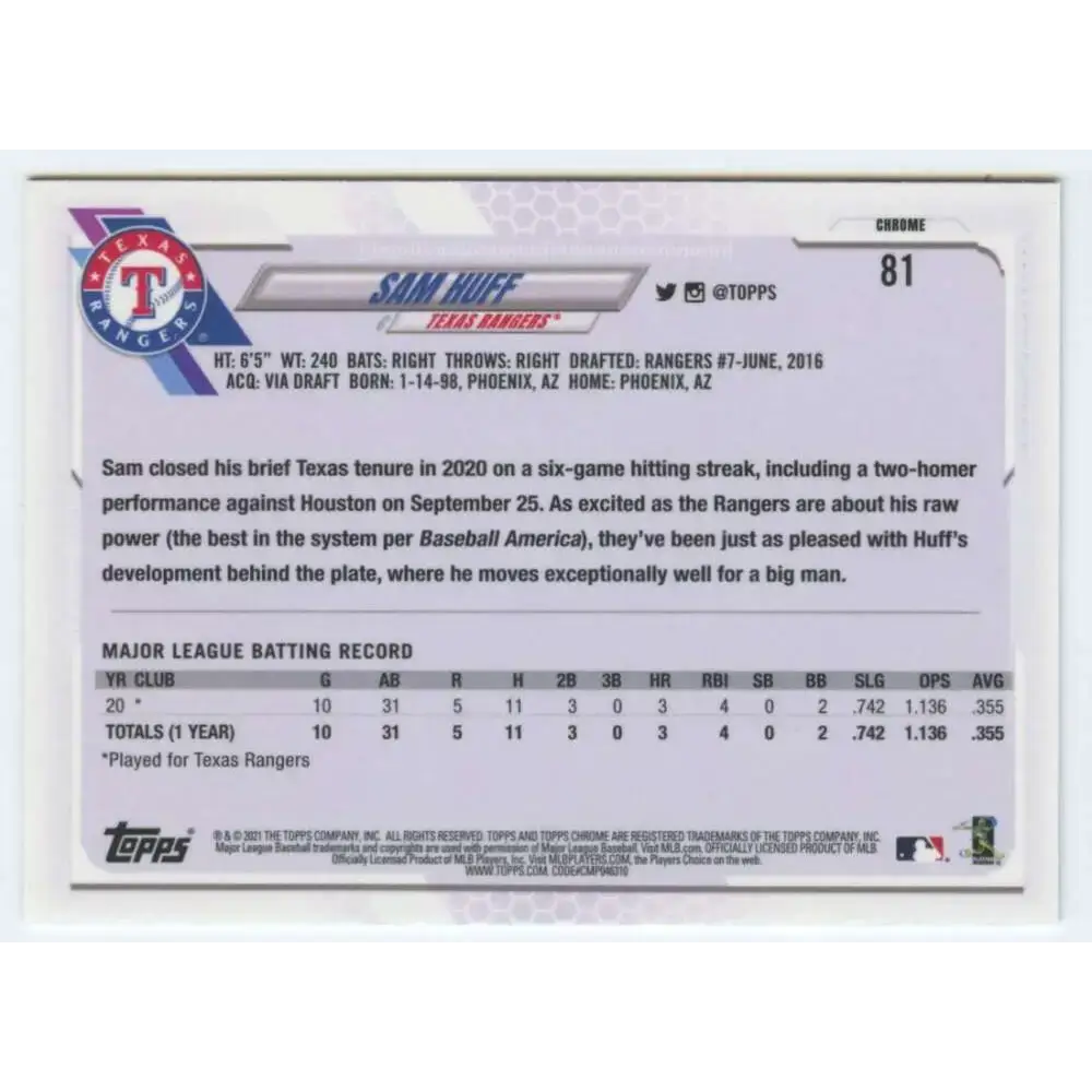 2021 Topps Chrome #81 Sam Huff NM-MT RC Rookie Texas Rangers Baseball Card - Baseball Card Single