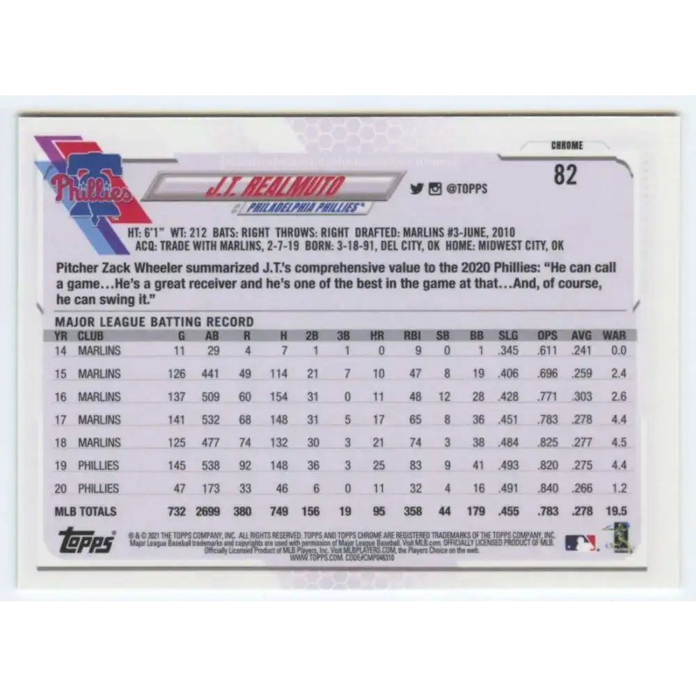 2021 Topps Chrome #82 J.T. Realmuto NM-MT Philadelphia Phillies Baseball Card - Baseball Card Single