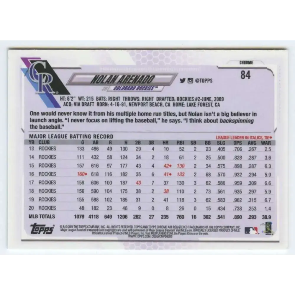 2021 Topps Chrome #84 Nolan Arenado NM-MT Colorado Rockies Baseball Card - Baseball Card Single
