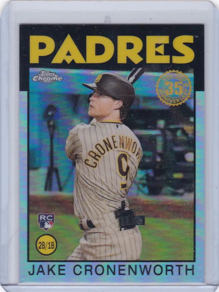 Baseball card of Jake Cronenworth in pinstriped uniform for San Diego Padres rookie refractor san