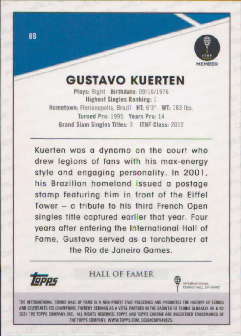 2021 Topps Chrome #89 Gustavo Kuerten EX Excellent Tennis Card - Tennis Card Single