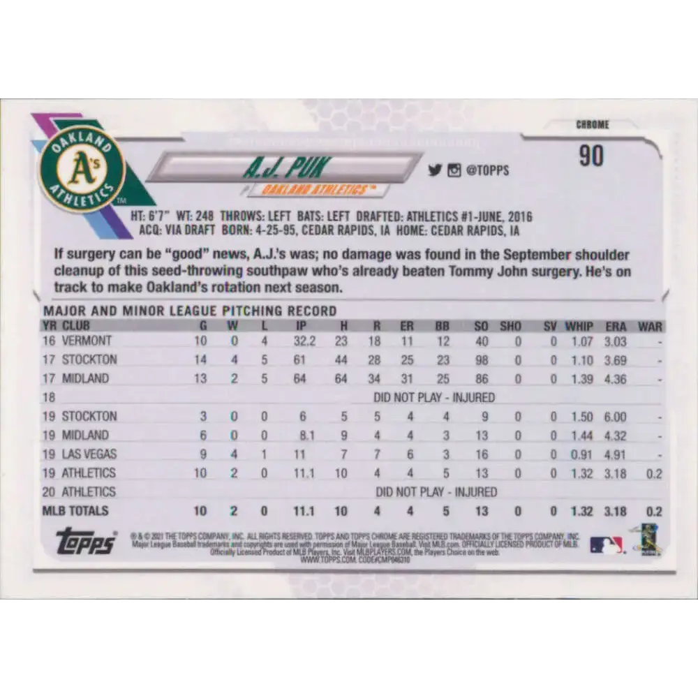 2021 Topps Chrome #90 A.J. Puk NM-MT Oakland Athletics Baseball Card - Baseball Card Single