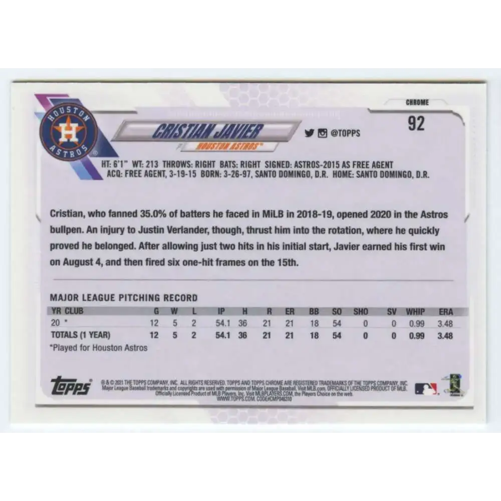 2021 Topps Chrome #92 Cristian Javier NM-MT RC Rookie Houston Astros Baseball Card - Baseball Card Single