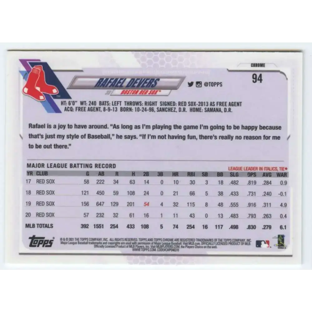 2021 Topps Chrome #94 Rafael Devers NM-MT Boston Red Sox Baseball Card - Baseball Card Single