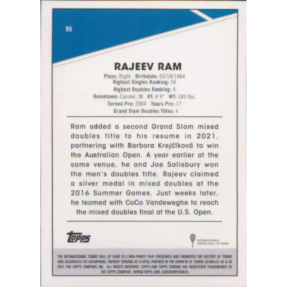 2021 Topps Chrome #96 Rajeev Ram NM-MT Tennis Card - Other