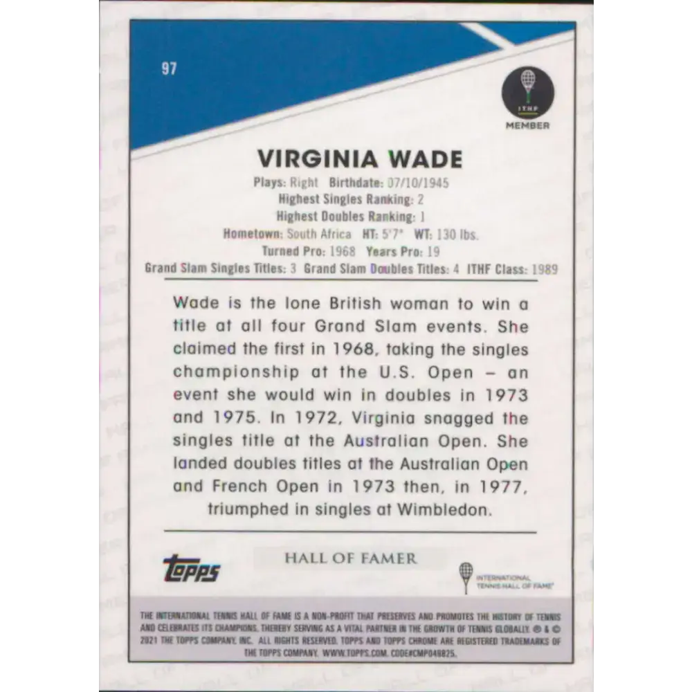 2021 Topps Chrome #97 Virginia Wade NM-MT Tennis Card - Tennis Card Single