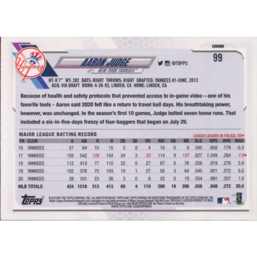 2021 Topps Chrome #99 Aaron Judge NM-MT New York Yankees Baseball Card - Baseball Card Single