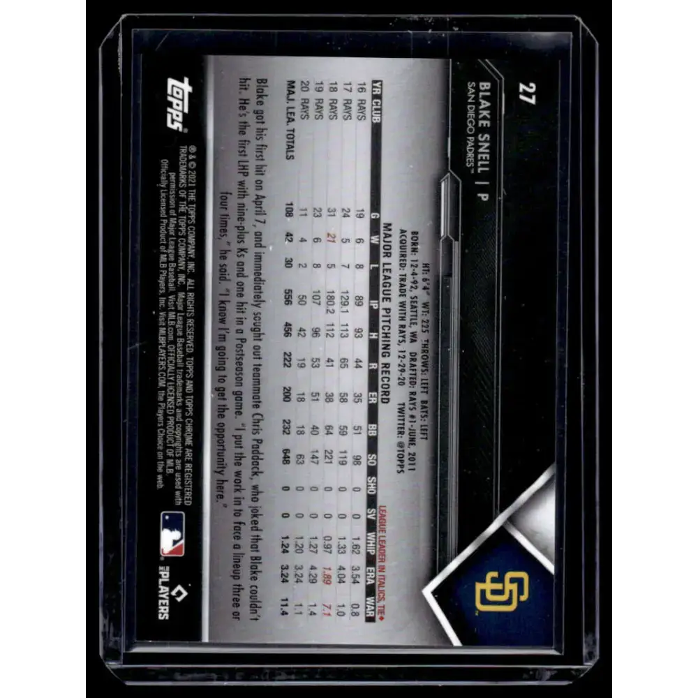 2021 Topps Chrome Black #27 Blake Snell NM/MT San Diego Padres Baseball Card - Baseball Card Single