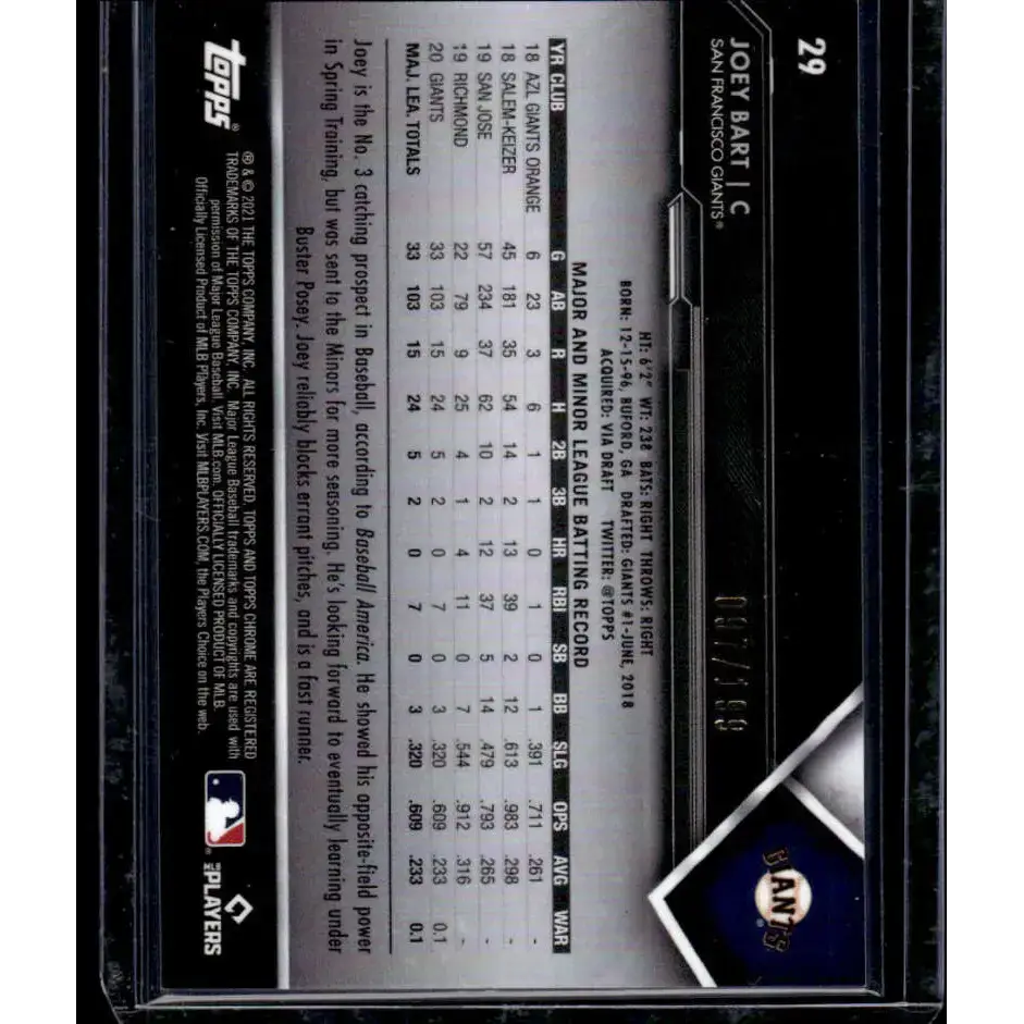 2021 Topps Chrome Black #29 97/199 Joey Bart NM/MT San Francisco Giants Baseball Card - Baseball Card Single