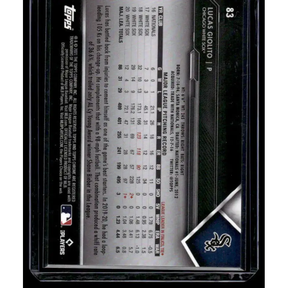 2021 Topps Chrome Black #83 Lucas Giolito NM/MT Chicago White Sox Baseball Card - Baseball Card Single
