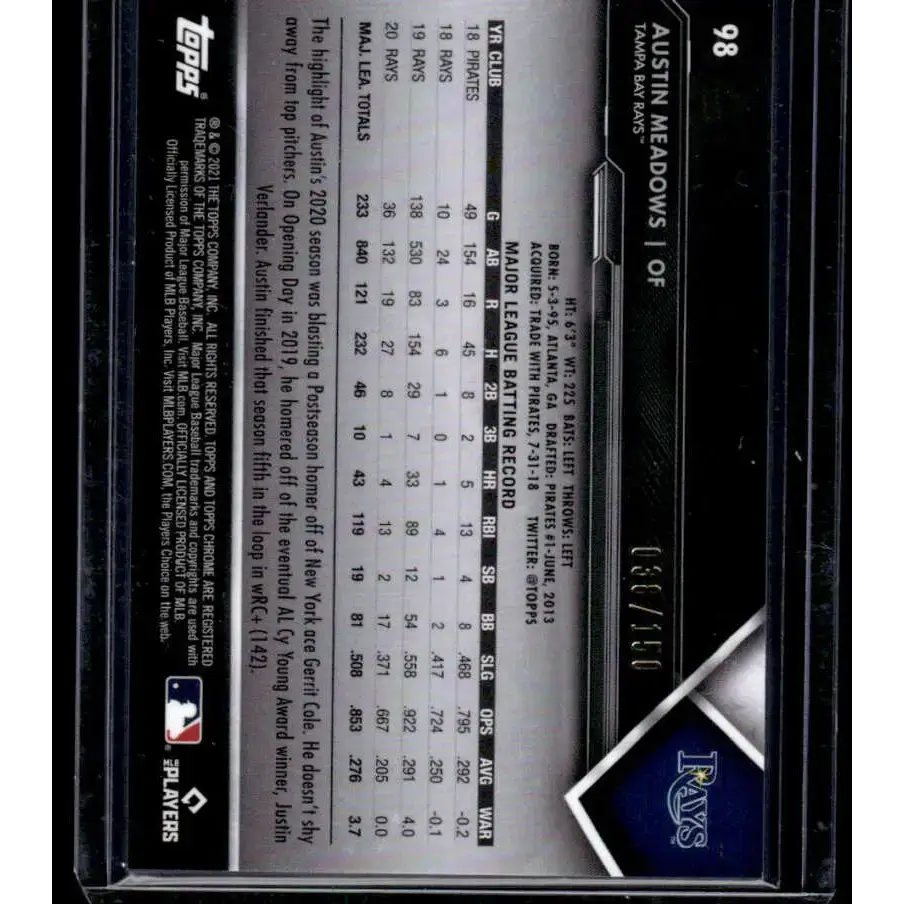 2021 Topps Chrome Black #98 38/150 Austin Meadows NM/MT Tampa Bay Rays Baseball Card - Baseball Card Single