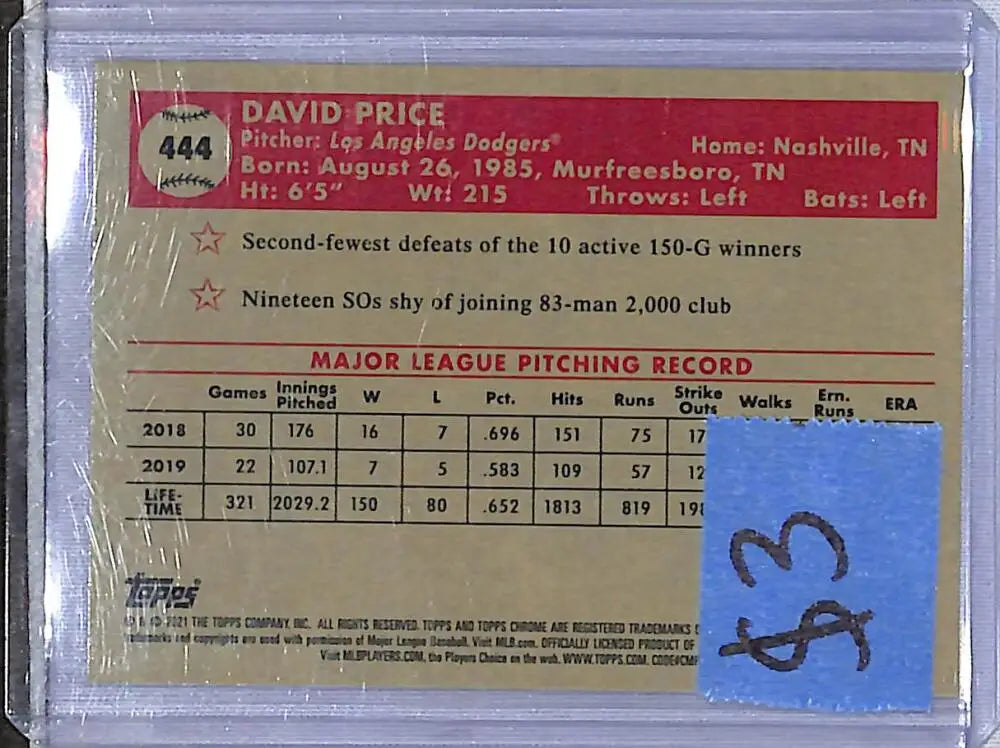 2021 Topps Chrome Blue #444 David Price NM-MT Los Angeles Dodgers - Baseball Card Single