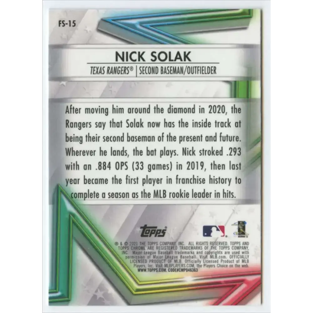 2021 Topps Chrome Future Stars Refractor #FS-15 Nick Solak NM-MT Texas Rangers Baseball Card - Baseball Card Single