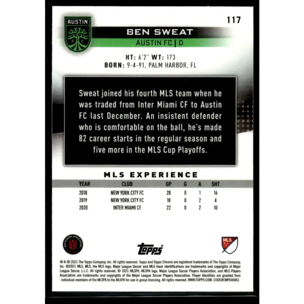 2021 Topps Chrome MLS #117 Ben Sweat NM-MT Austin FC Soccer Card - Soccer Card Single