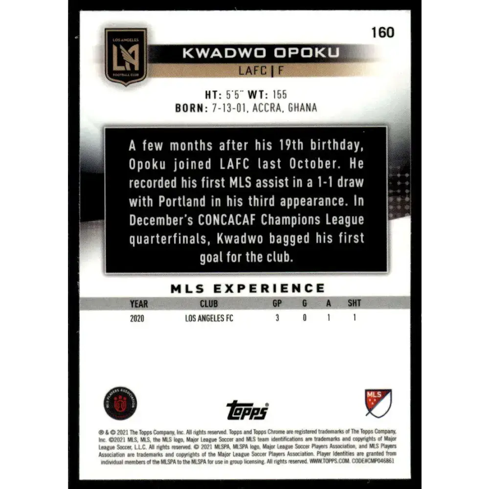 2021 Topps Chrome MLS #160 Kwadwo Opoku NM-MT LAFC RC Soccer Card - Soccer Card Single