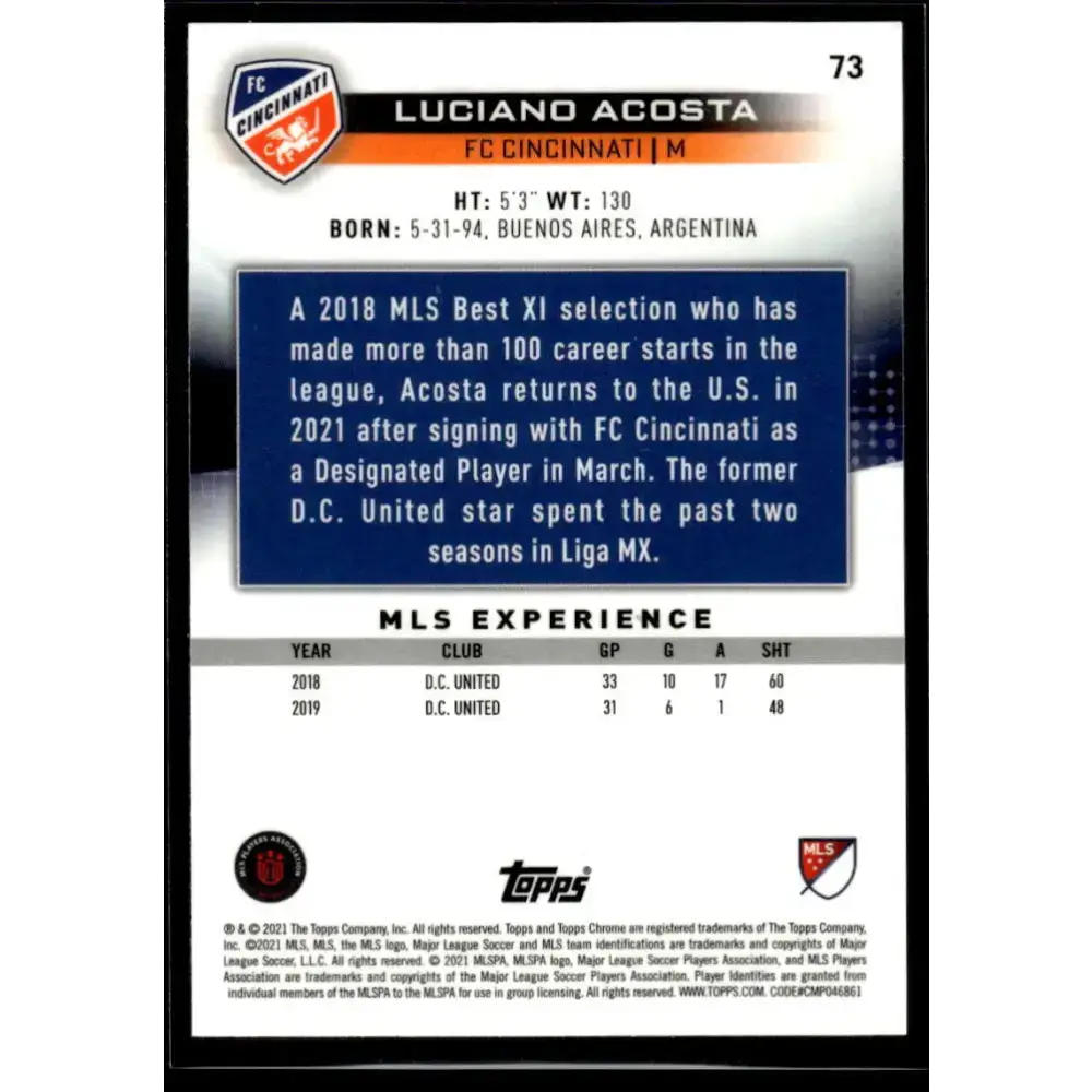 2021 Topps Chrome MLS #73 Luciano Acosta NM-MT FC Cincinnati Soccer Card - Soccer Card Single