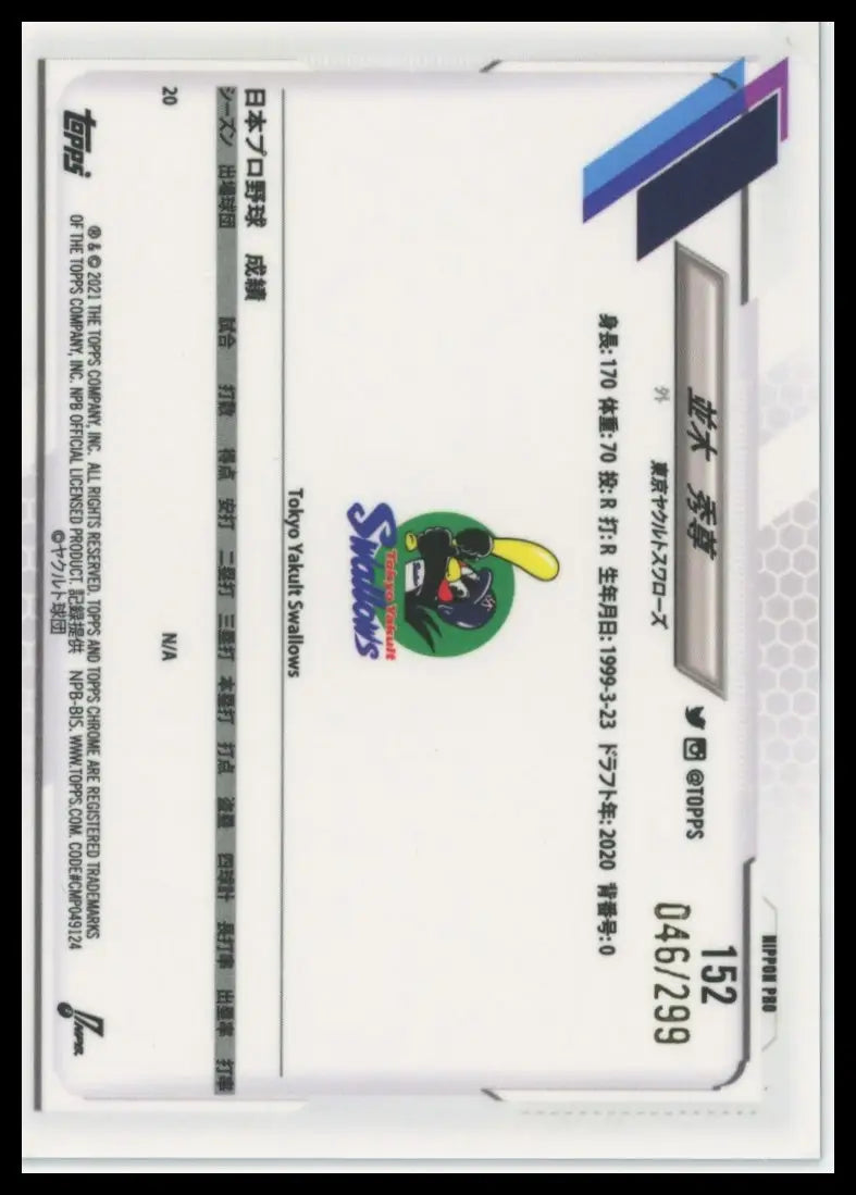 2021 Topps Chrome NPB - Purple Hidetaka Namiki 152 /299 Tokyo Yakult Swallows NM - Baseball Card Single