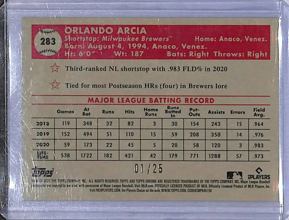 2021 Topps Chrome Orange/Yellow #283 Orlando Arcia NM-MT 1/25 Milwaukee Brewers