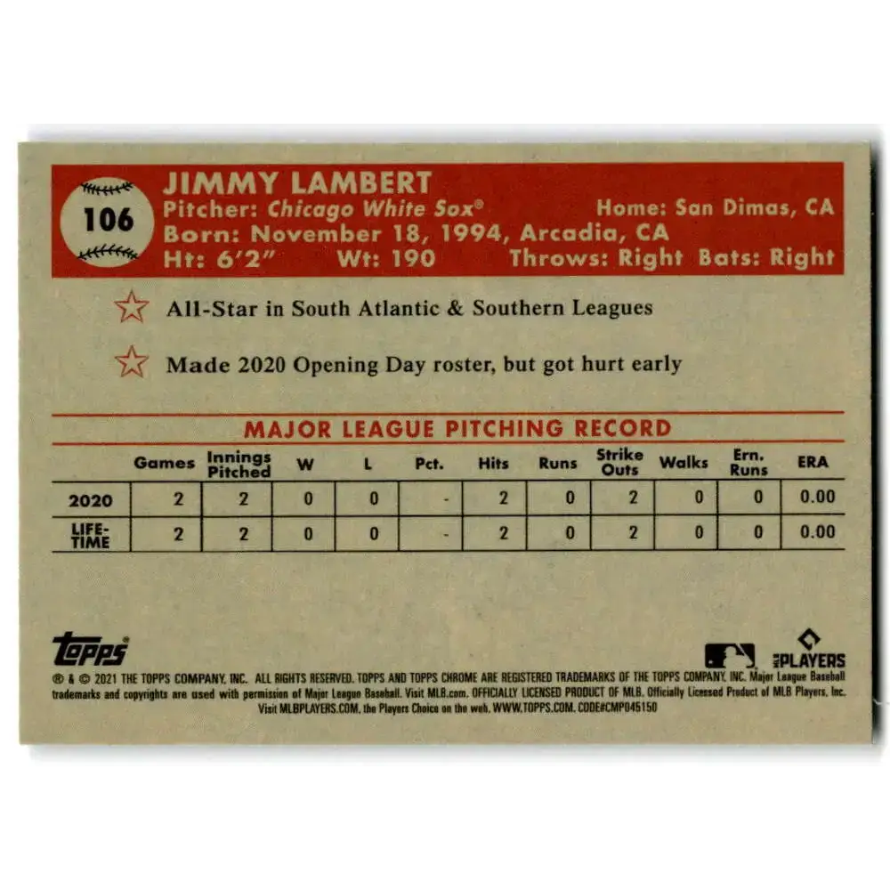 2021 Topps Chrome Platinum Anniversary #106 Jimmy Lambert NM-MT RC Rookie Chicago White Sox Baseball Card - Baseball