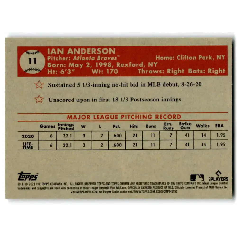 2021 Topps Chrome Platinum Anniversary #11 Ian Anderson NM-MT RC Rookie Atlanta Braves Baseball Card - Baseball Card