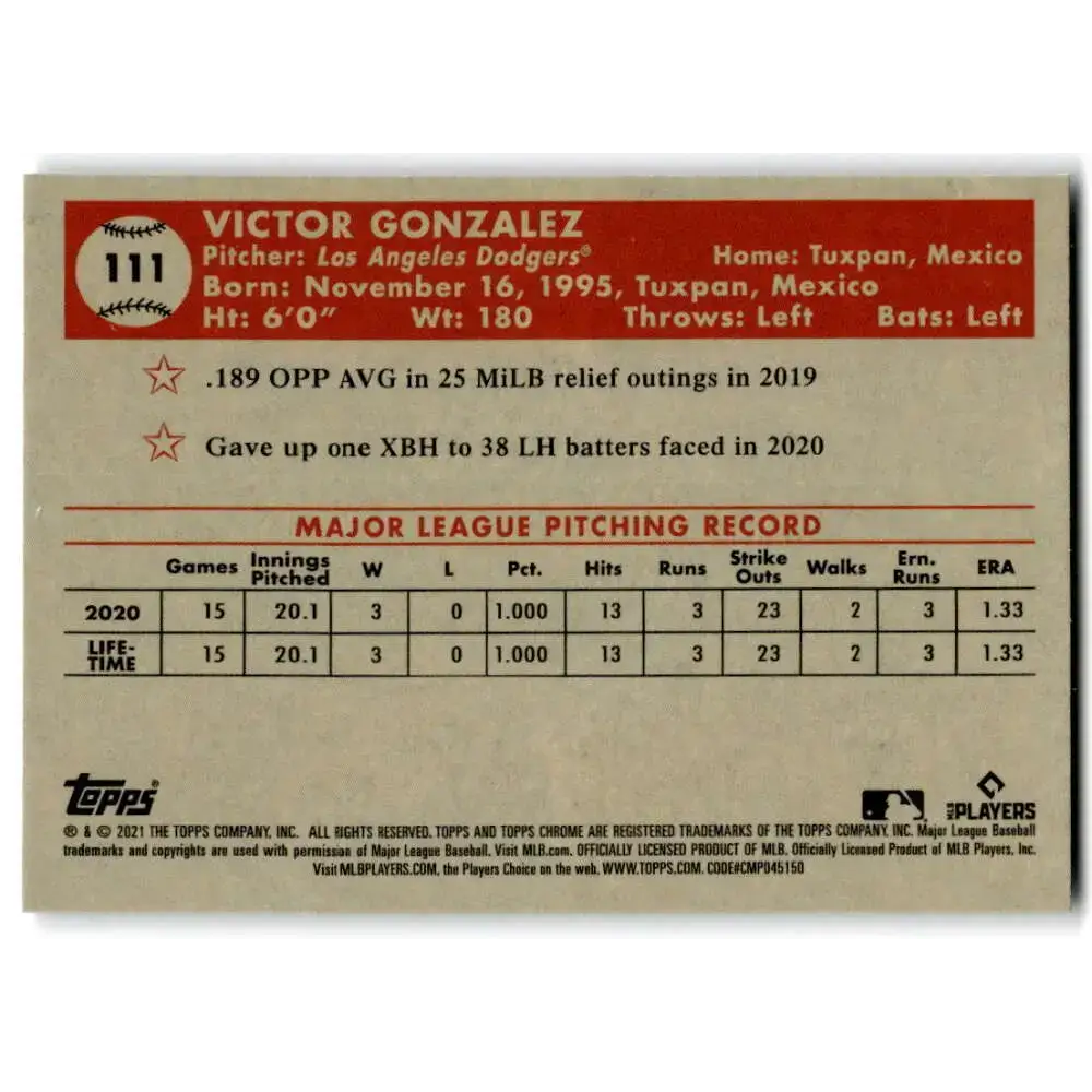 2021 Topps Chrome Platinum Anniversary #111 Victor Gonzalez NM-MT RC Rookie Los Angeles Dodgers Baseball Card