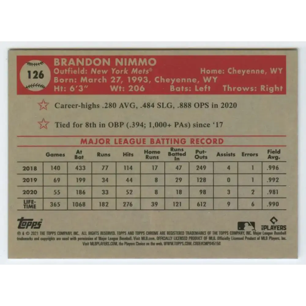 2021 Topps Chrome Platinum Anniversary #126 Brandon Nimmo NM-MT New York Mets Baseball Card - Baseball Card Single