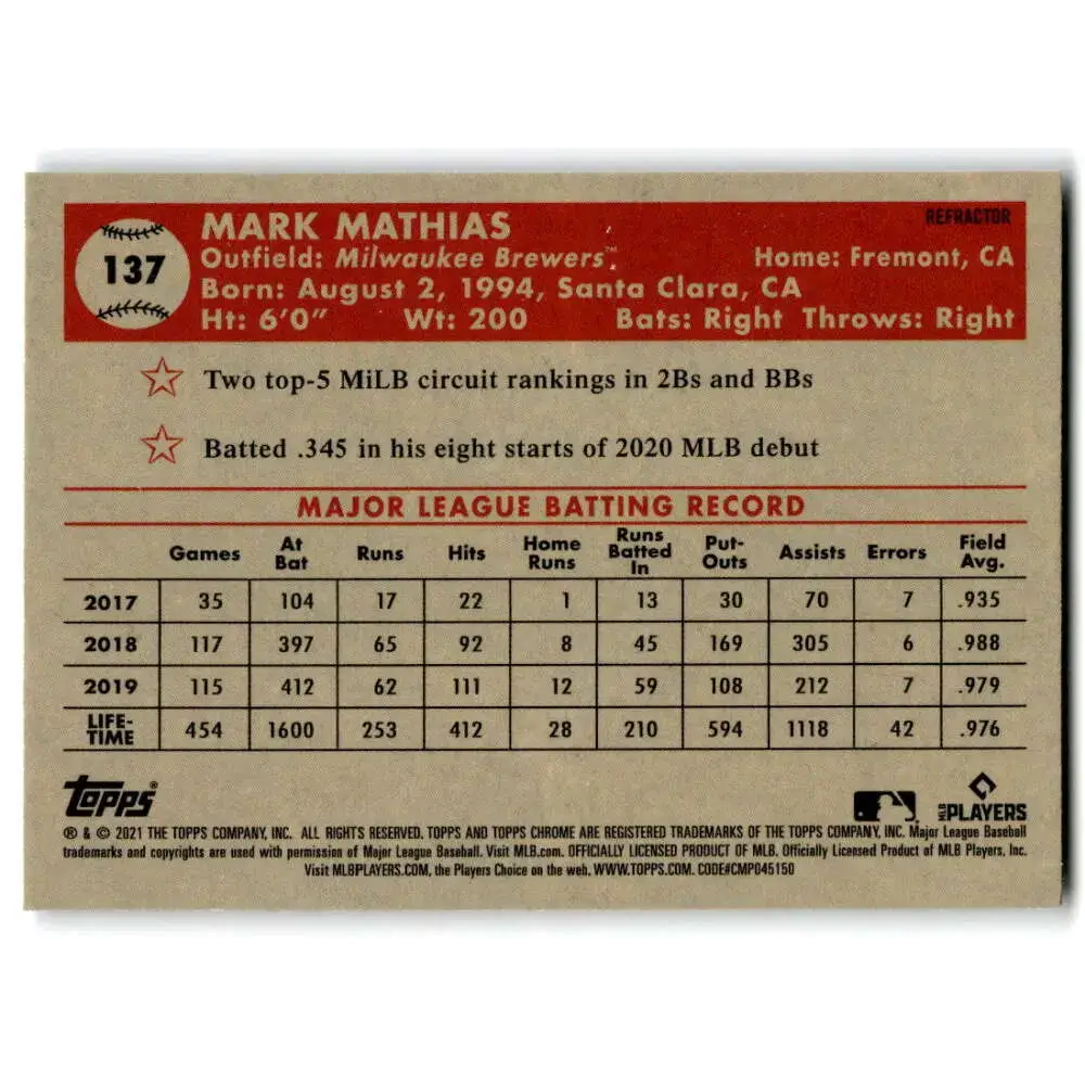 2021 Topps Chrome Platinum Anniversary #137 Mark Mathias NM-MT RC Rookie Milwaukee Brewers Baseball Card - Baseball