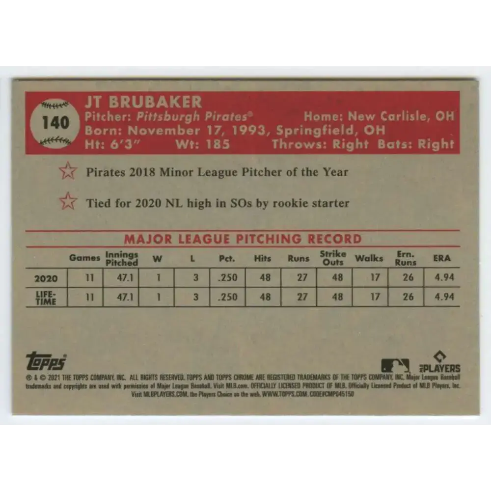 2021 Topps Chrome Platinum Anniversary #140 JT Brubaker NM-MT RC Rookie Pittsburgh Pirates Baseball Card - Baseball