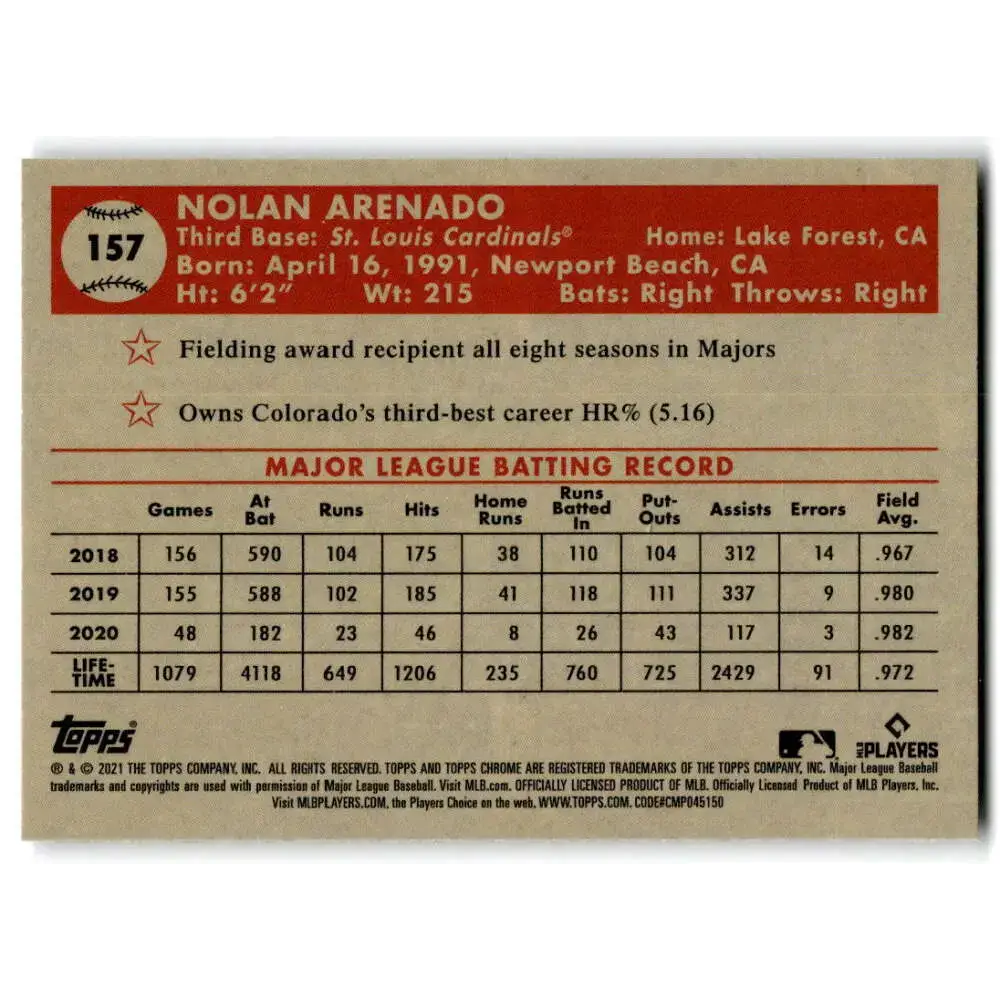 2021 Topps Chrome Platinum Anniversary #157 Nolan Arenado NM-MT St. Louis Cardinals Baseball Card - Baseball Card Single