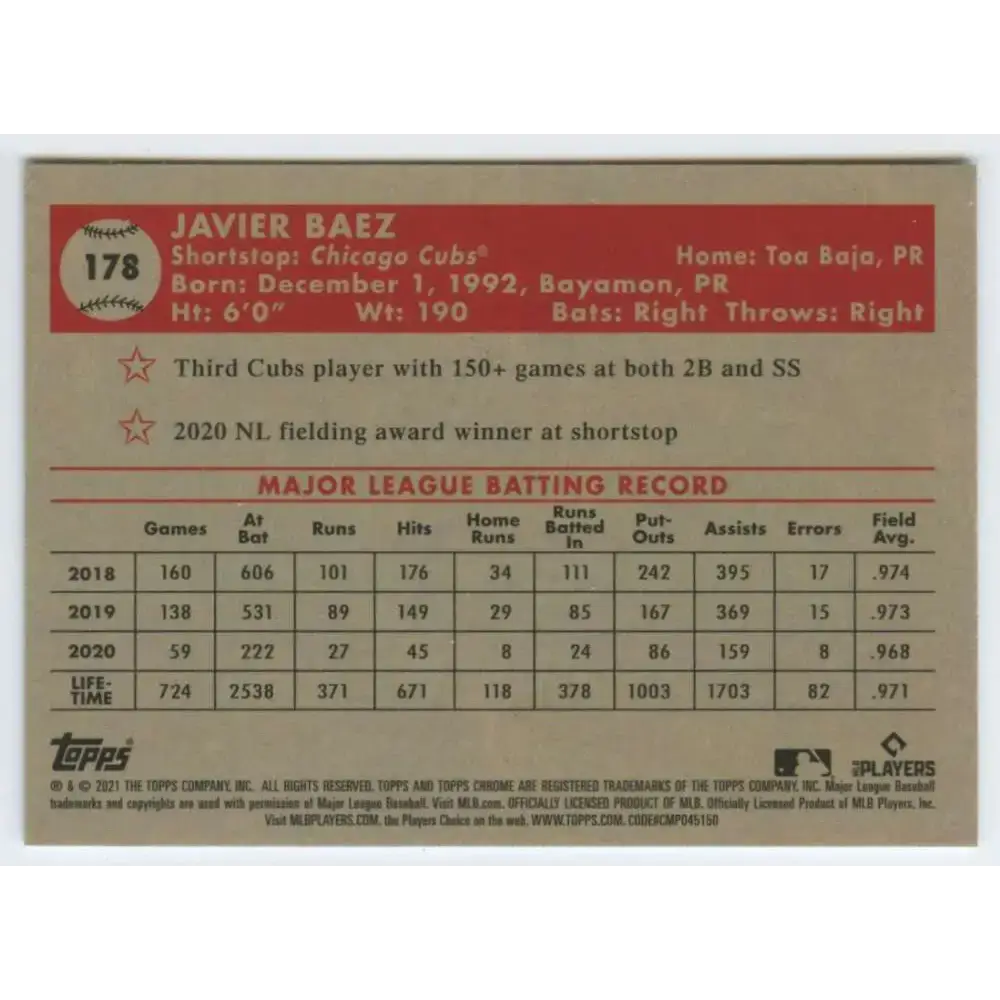 2021 Topps Chrome Platinum Anniversary #178 Javier Baez NM-MT Chicago Cubs Baseball Card - Baseball Card Single