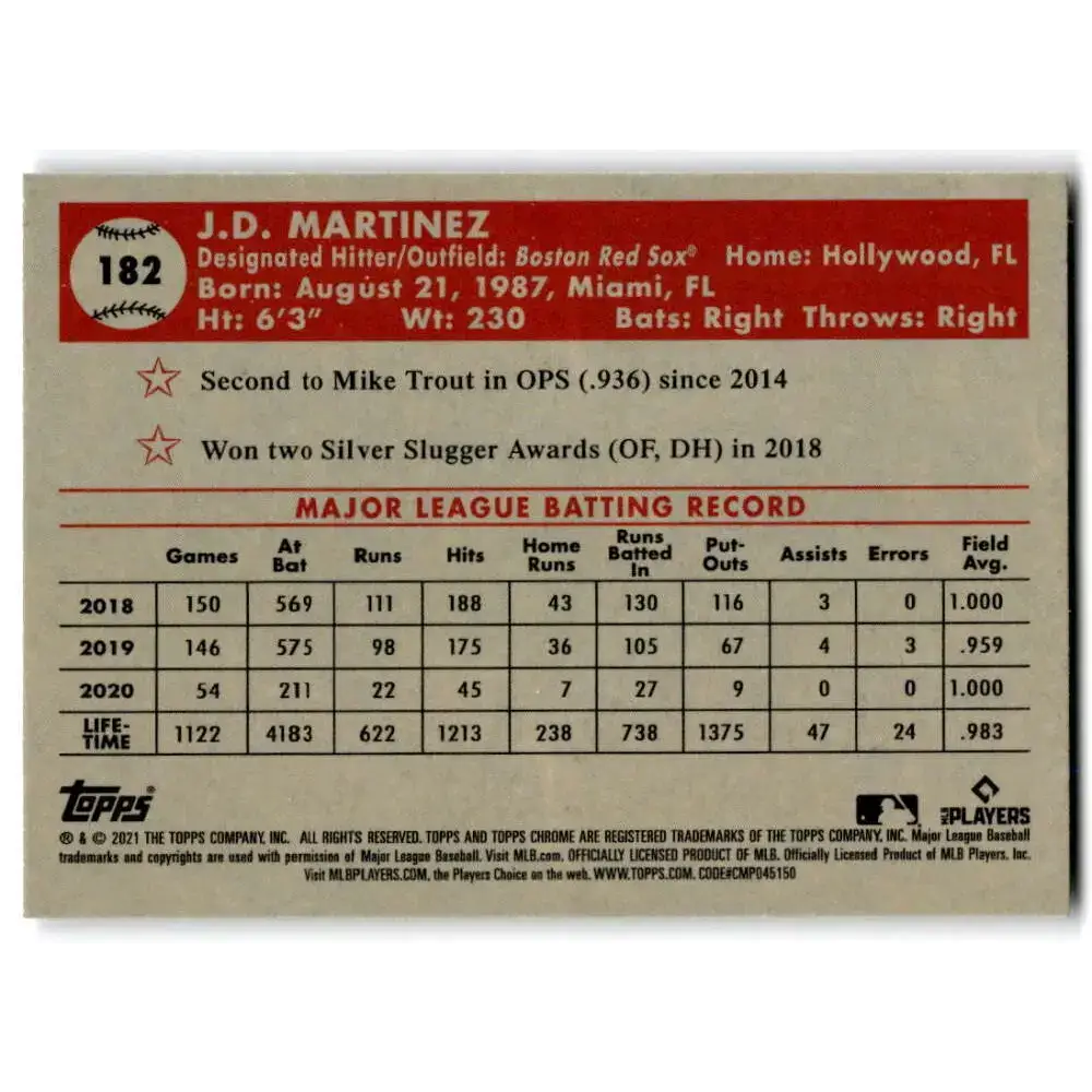 2021 Topps Chrome Platinum Anniversary #182 J.D. Martinez NM-MT Boston Red Sox Baseball Card - Baseball Card Single