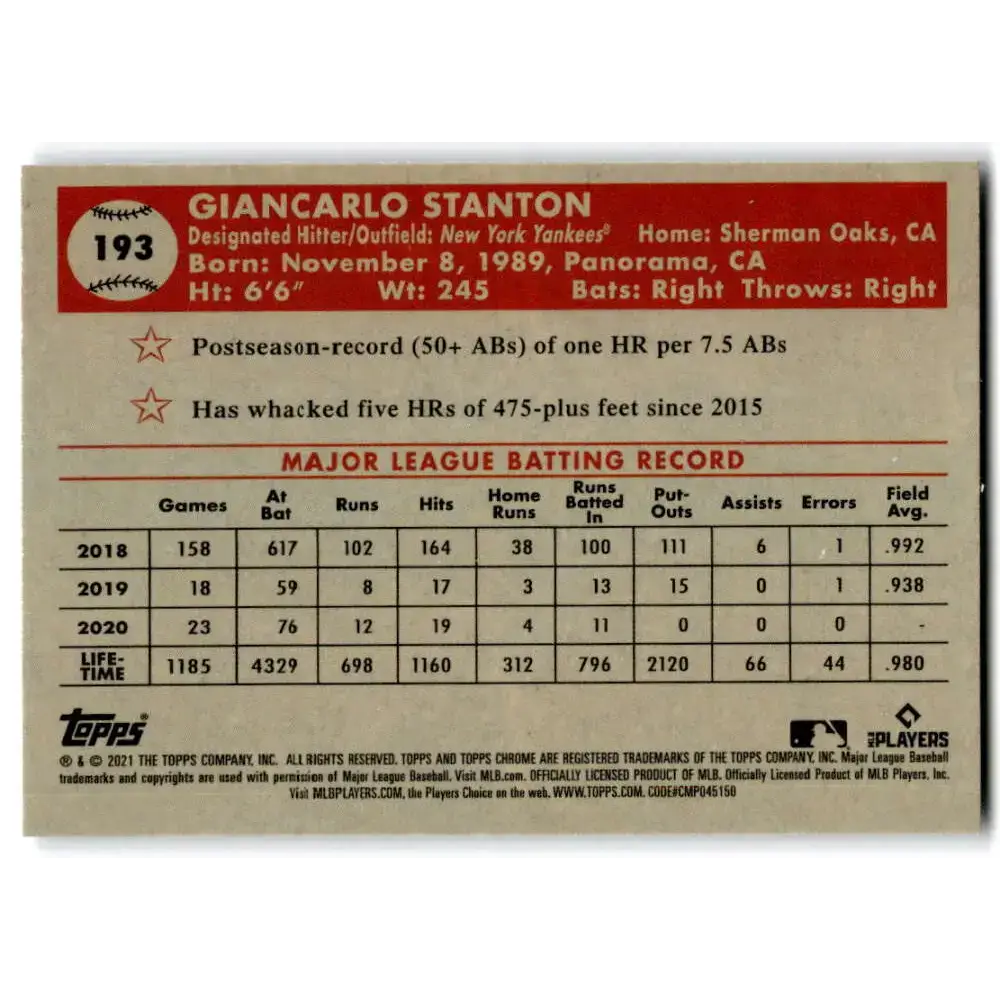 2021 Topps Chrome Platinum Anniversary #193 Giancarlo Stanton NM-MT New York Yankees Baseball Card - Baseball Card