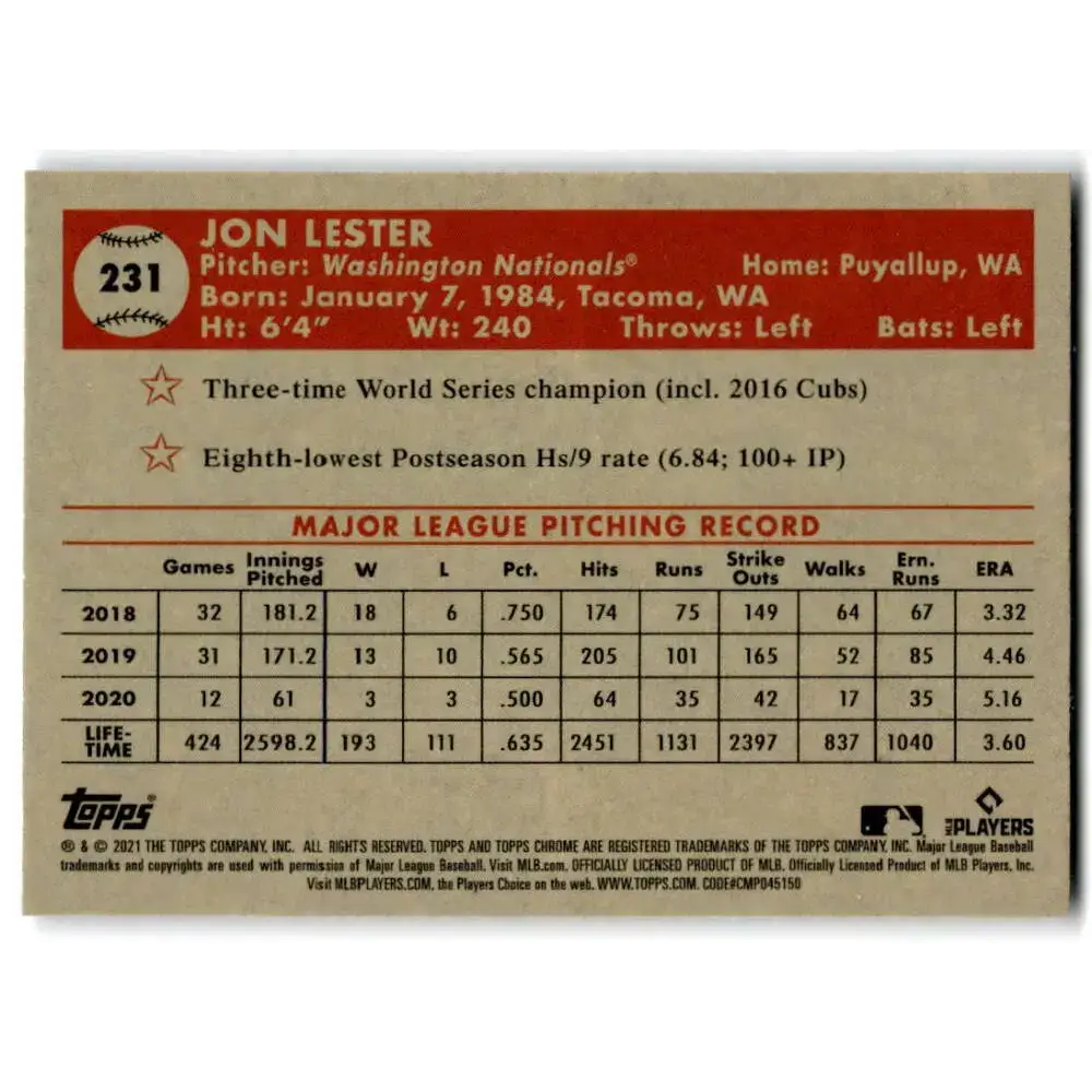2021 Topps Chrome Platinum Anniversary #231 Jon Lester NM-MT Washington Nationals Baseball Card - Baseball Card Single