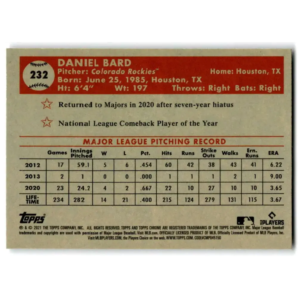 2021 Topps Chrome Platinum Anniversary #232 Daniel Bard NM-MT Colorado Rockies Baseball Card - Baseball Card Single