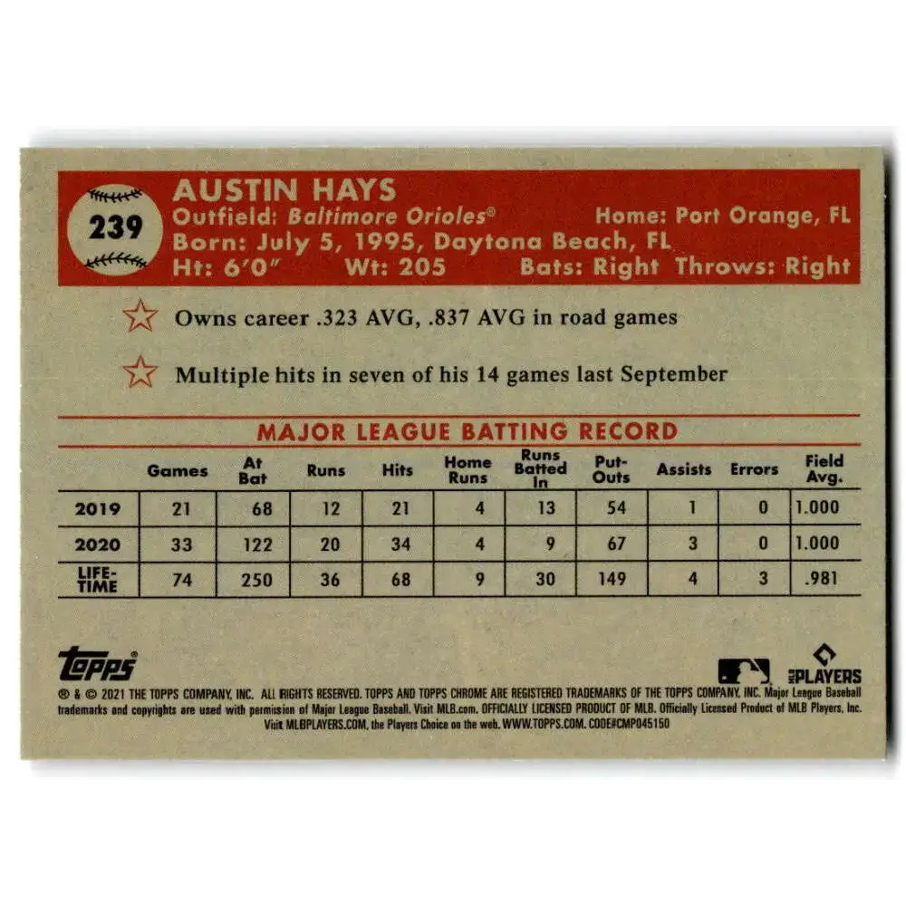 2021 Topps Chrome Platinum Anniversary #239 Austin Hays NM-MT Baltimore Orioles Baseball Card - Baseball Card Single