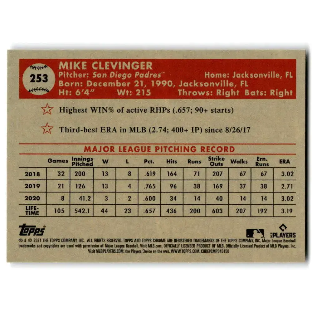 2021 Topps Chrome Platinum Anniversary #253 Mike Clevinger NM-MT San Diego Padres Baseball Card - Baseball Card Single