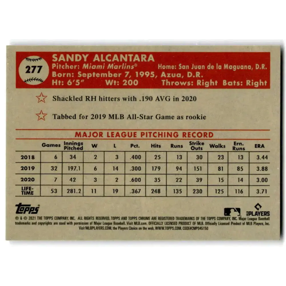 2021 Topps Chrome Platinum Anniversary #277 Sandy Alcantara NM-MT Miami Marlins Baseball Card - Baseball Card Single