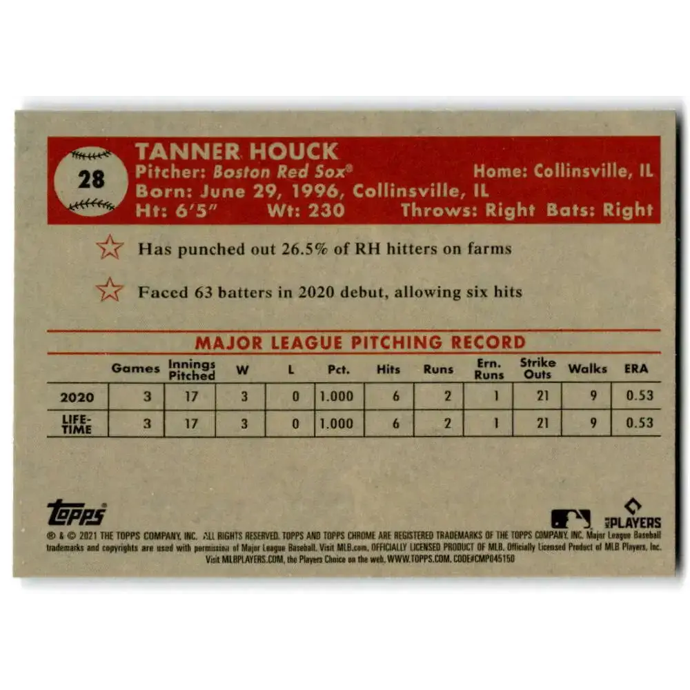 2021 Topps Chrome Platinum Anniversary #28 Tanner Houck NM-MT RC Rookie Boston Red Sox Baseball Card - Baseball Card