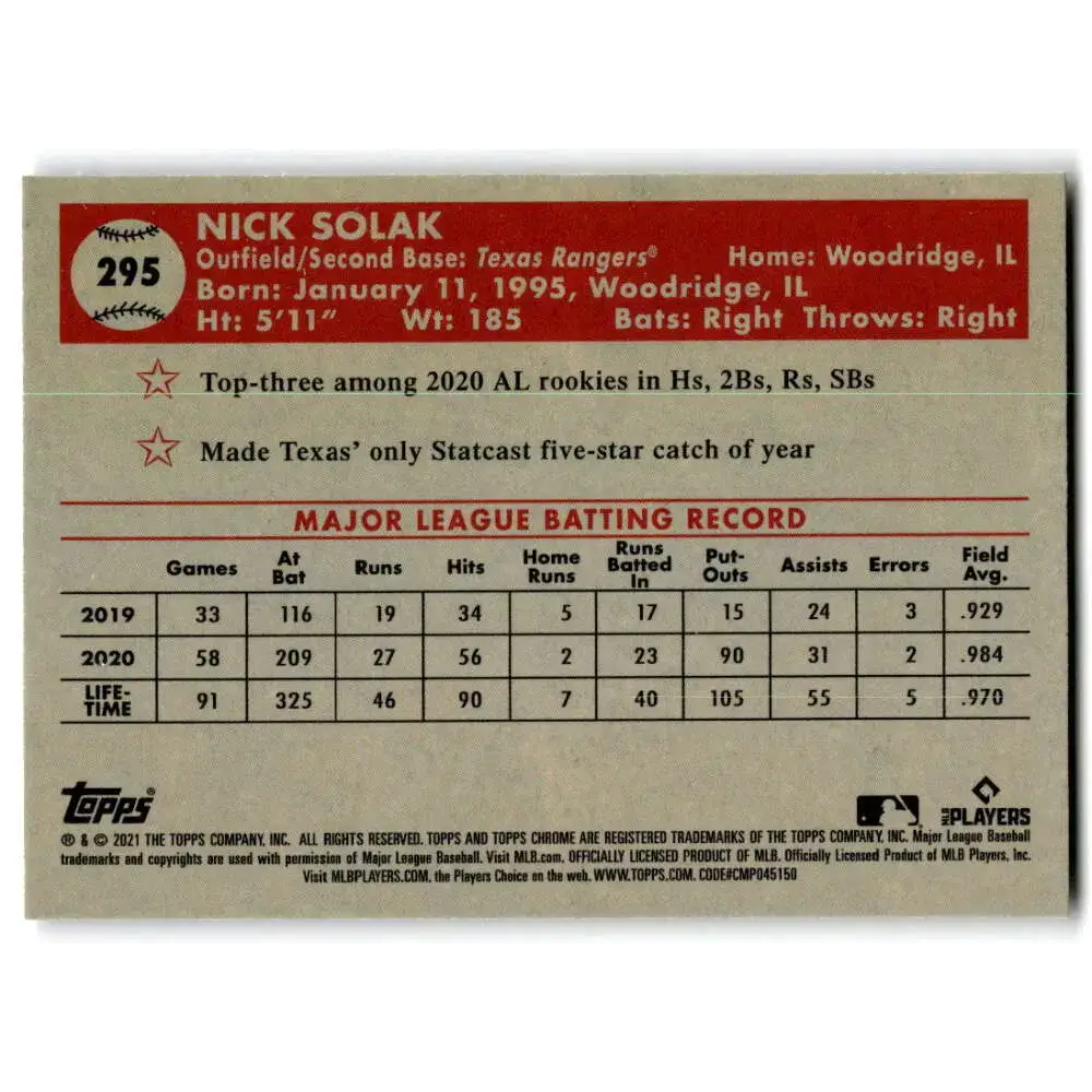 2021 Topps Chrome Platinum Anniversary #295 Nick Solak NM-MT Texas Rangers Baseball Card - Baseball Card Single