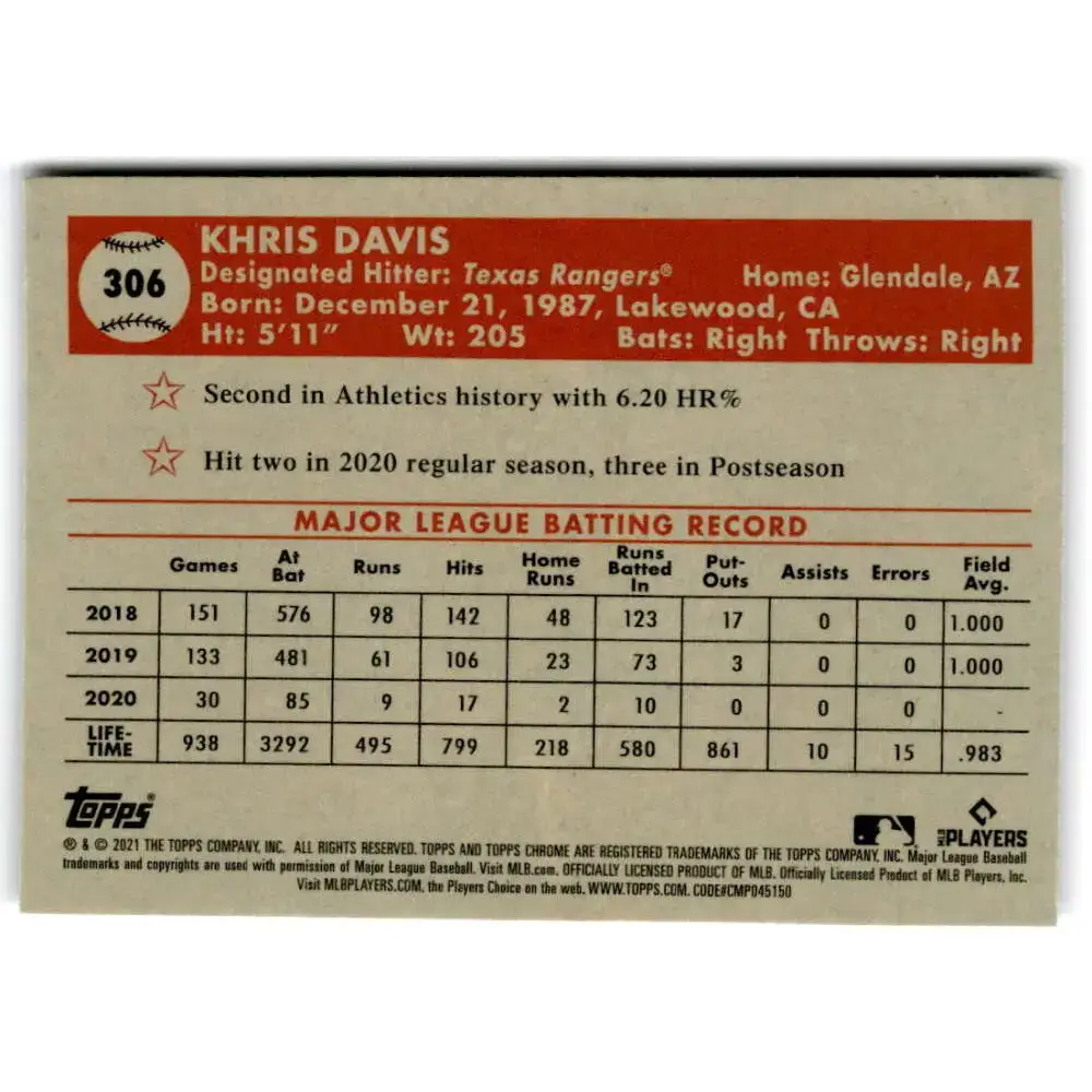 2021 Topps Chrome Platinum Anniversary #306 Khris Davis NM-MT Texas Rangers Baseball Card - Baseball Card Single