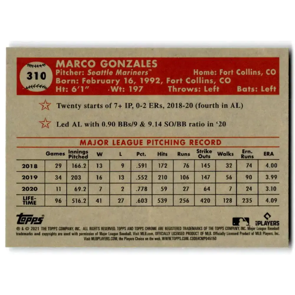 2021 Topps Chrome Platinum Anniversary #310 Marco Gonzales NM-MT Seattle Mariners Baseball Card - Baseball Card Single