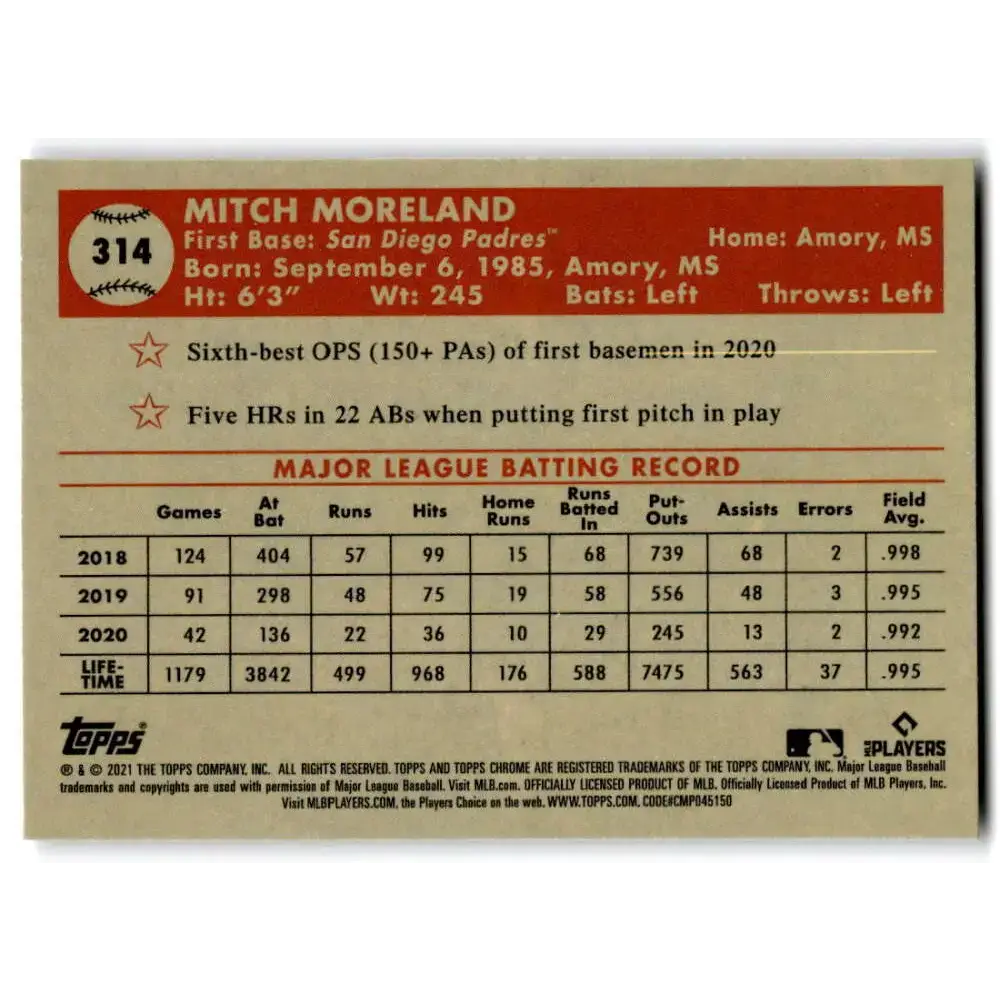 2021 Topps Chrome Platinum Anniversary #314 Mitch Moreland NM-MT San Diego Padres Baseball Card - Baseball Card Single