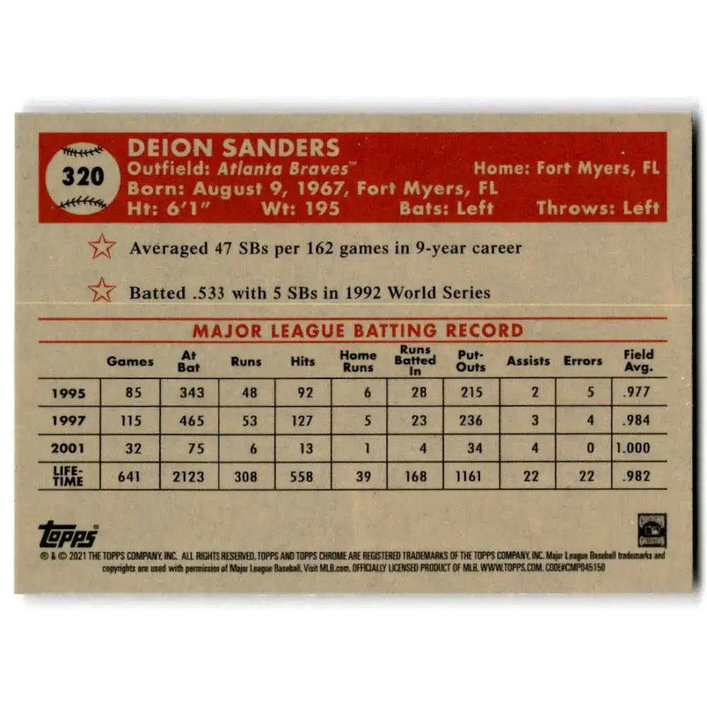 2021 Topps Chrome Platinum Anniversary #320 Deion Sanders NM-MT Atlanta Braves Baseball Card - Baseball Card Single