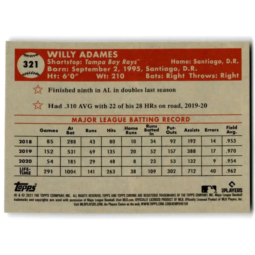 2021 Topps Chrome Platinum Anniversary #321 Willy Adames NM-MT Tampa Bay Rays Baseball Card - Baseball Card Single
