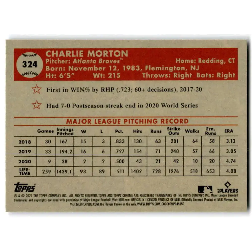 2021 Topps Chrome Platinum Anniversary #324 Charlie Morton NM-MT Atlanta Braves Baseball Card - Baseball Card Single